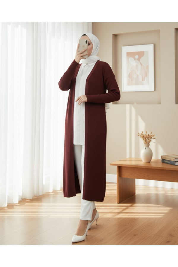 Yanları Yırtmaçlı Fitilli Uzun Triko Hırka  -Bordo