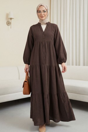 V Yaka Yarım Düğmeli Kolu Lastikli Parçalı Müslin Elbise -K. Kahve