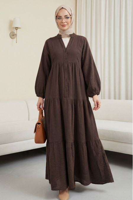 V Yaka Yarım Düğmeli Kolu Lastikli Parçalı Müslin Elbise -K. Kahve