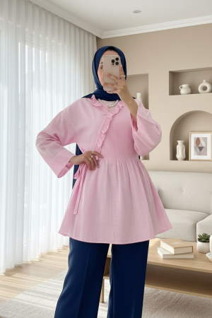 Yakası Fırfırlı Yandan Bağlamalı Keten Kimono  -Pembe