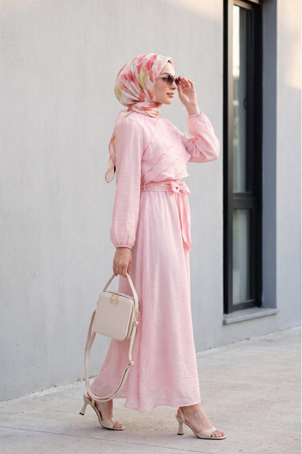 Chiffon dress with elasticated waist folded front balloon sleeves and lining  -Pink