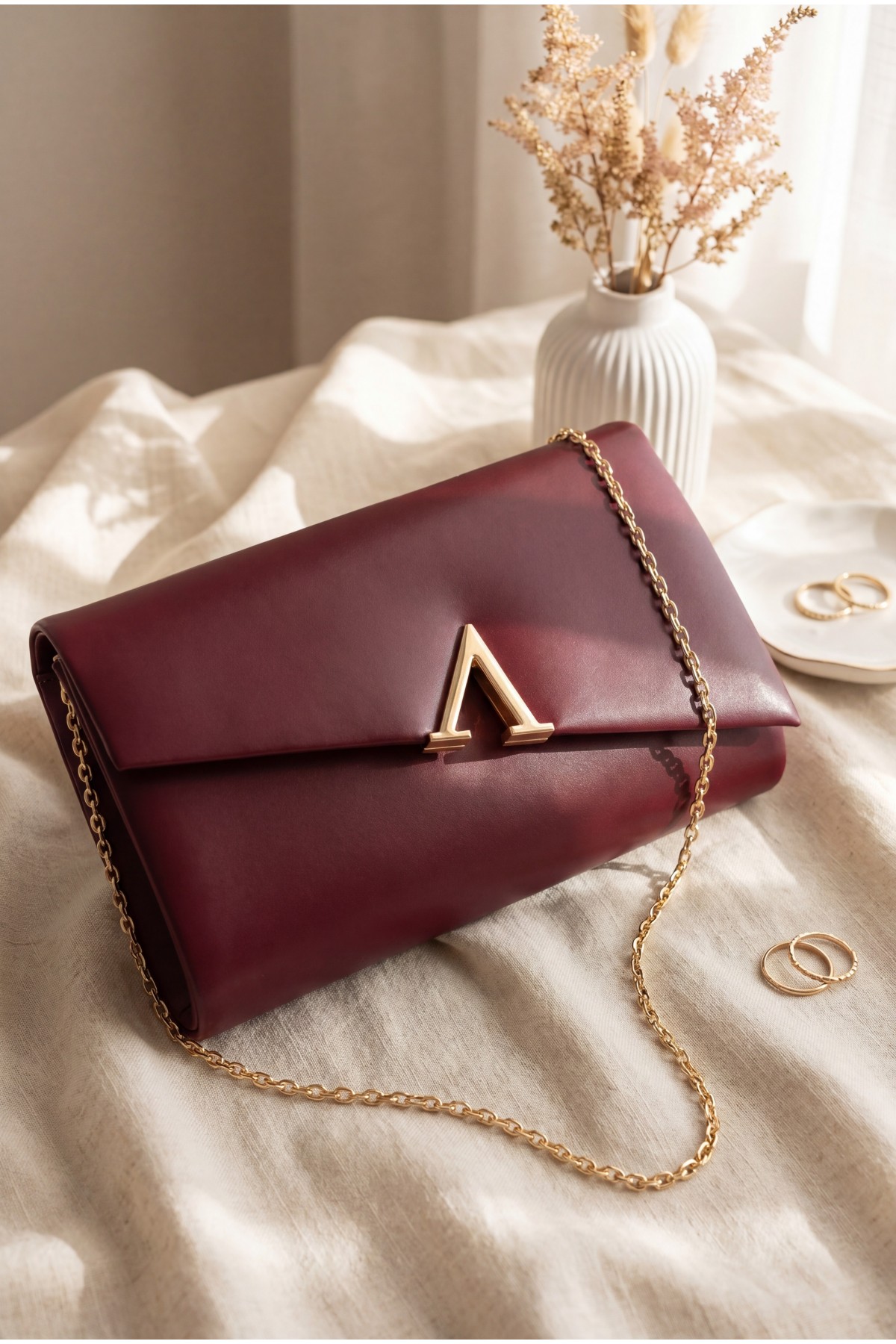 Patent Leather Evening Bag with Geometric Buckle and Thin Chain -Maroon