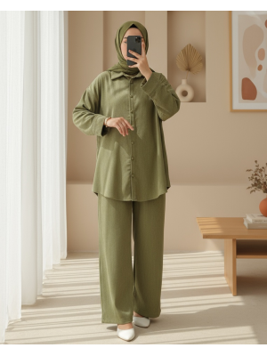 Gömlek Pantolon İkili Kadife Takım -Yağ Yeşili