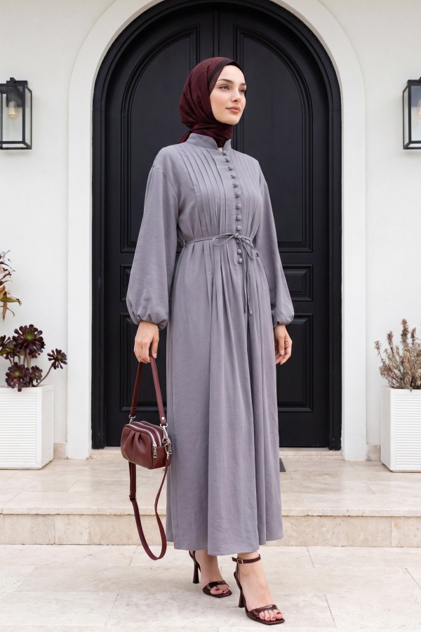 Half-Button Modal Dress with Ribbed Front and Belt -Grey