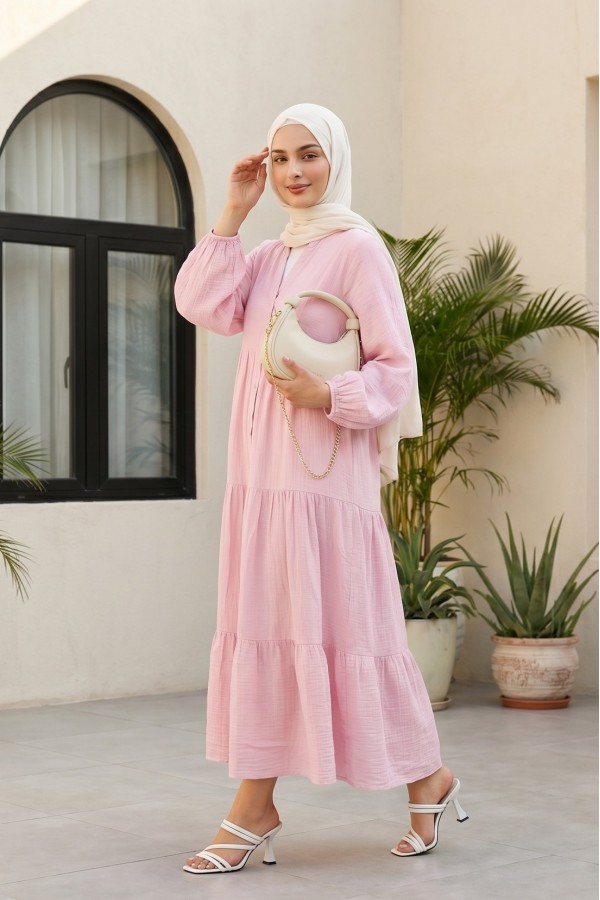 V Neck Half Buttoned Elastic Sleeve Paneled Muslin Dress -Pink