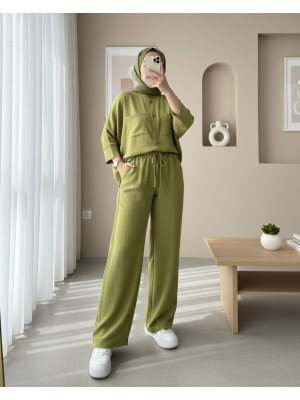 Çift Cepli Yarım Yarasa Kol Salaş Gömlek Takım -F.Yeşili