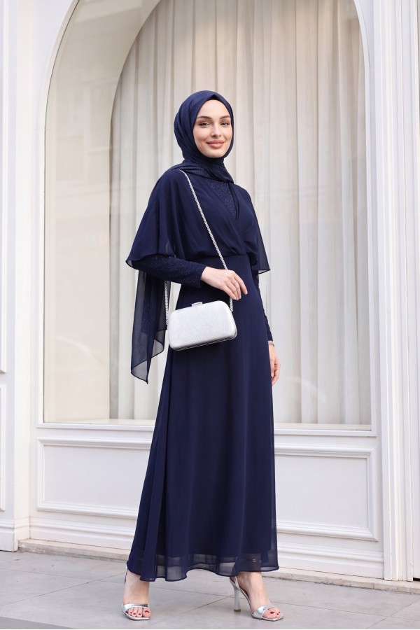 Silvery Chiffon Long Evening Dress  -Navy blue