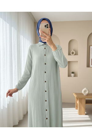 تونيك طويل مجعد برقبة بأزرار وأكمام مرنة   -رمادي فاتح