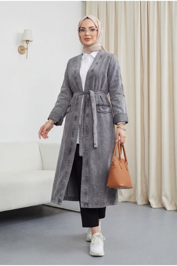 Belted Denim Coat with Pocket Detail -Smoked 
