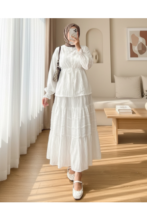 Önü Düğmeli Beli Bağcıklı Kolu Lastikli Etekli Dantelli Takım -Beyaz