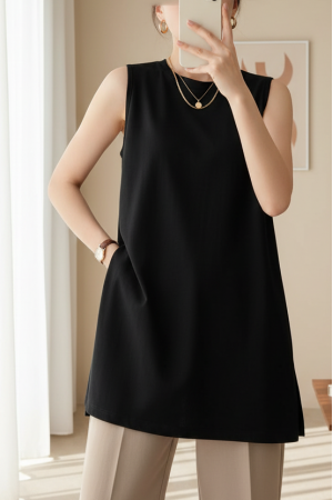 Yuvarlak Yaka Yırtmaçlı Sıfır Kol Penye İçlik -Siyah