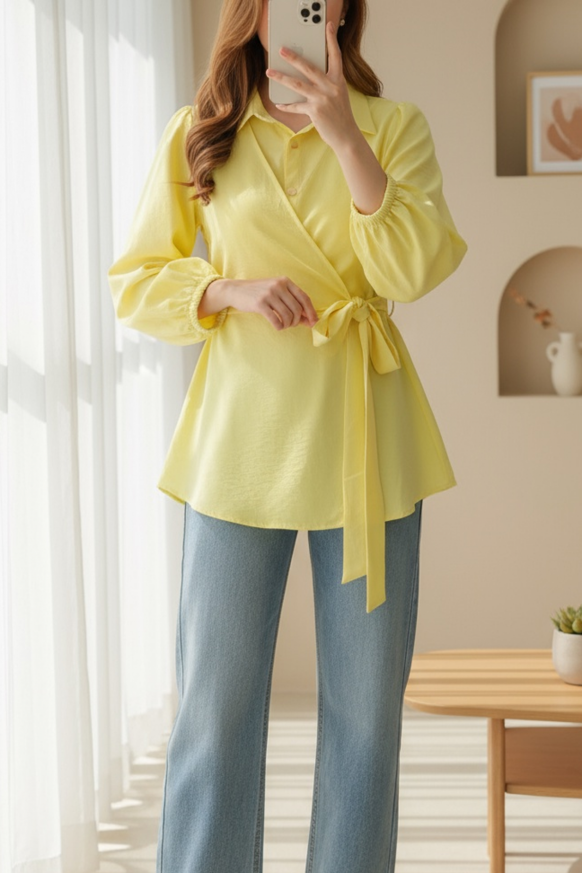 Cross-tie Button-down Shirt with Elastic Sleeves -Yellow