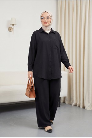 Önü Düğmeli Tek Cepli Gömlek Pantolon Modal Takım  -Siyah