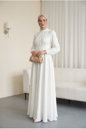 Beli Çapraz Bağlamalı Yuvarlak Yaka Saten Elbise -Beyaz