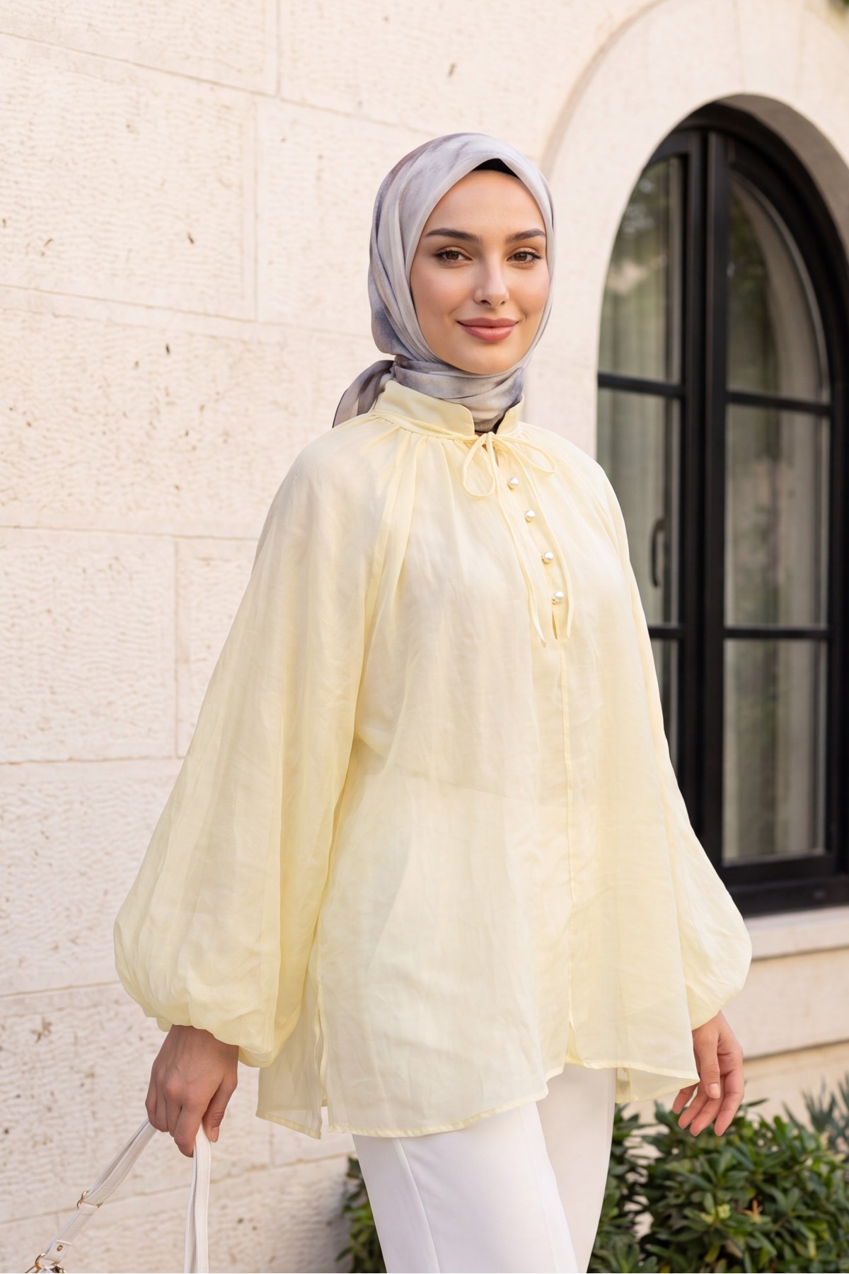 Oversize Tulle Voile Blouse with Tie Neckline and Half Button Closure, Lined -Light yellow