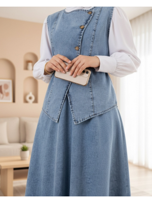 Çapraz Düğmeli Kemerli Yelek Etek Kot Takım -Buz Mavi