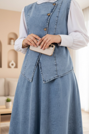 Çapraz Düğmeli Kemerli Yelek Etek Kot Takım -Buz Mavi