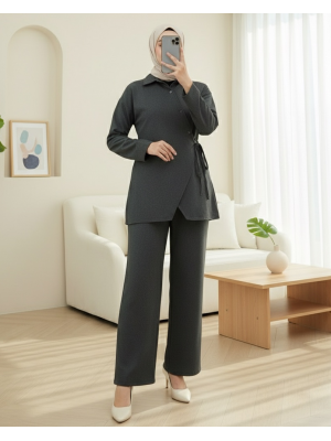 Çapraz Düğmeli Yandan Bağlamalı Yün Efekt Takım  -Antrasit