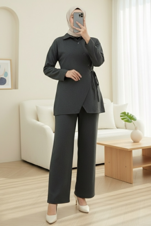Çapraz Düğmeli Yandan Bağlamalı Yün Efekt Takım  -Antrasit