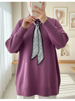 Polo Yaka Fularlı Yırtmaçlı Salaş Triko Tunik  -Vişne