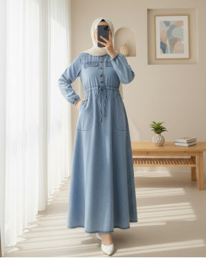 Taşlı Cep Detaylı Tünel Bağcıklı Kot Elbise -Buz Mavi