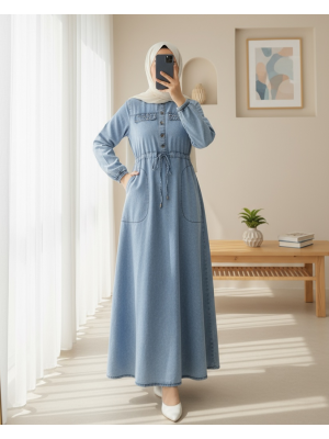 Stone Pocket Detailed Tunnel Laced Denim Dress -Ice Blue