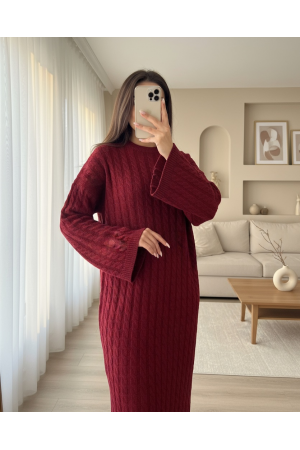 Saç Örgü Triko Elbise -Bordo
