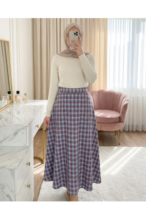 تنورة من البوليستر بنقشة مربعات وخصر مطاطي -اللون النيلي