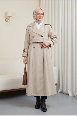 Pleated Skirt Bolero Belted Trench Coat -Stone
