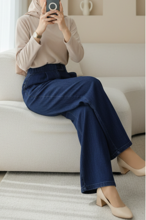 Çift Cepli Beli Lastikli Cırtlı Pileli Pantolon  -İndigo