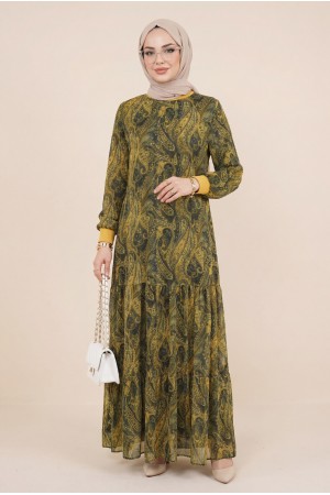 نمط العرقية تنورة قطعة اصطف فستان شيفون   -زيت أخضر