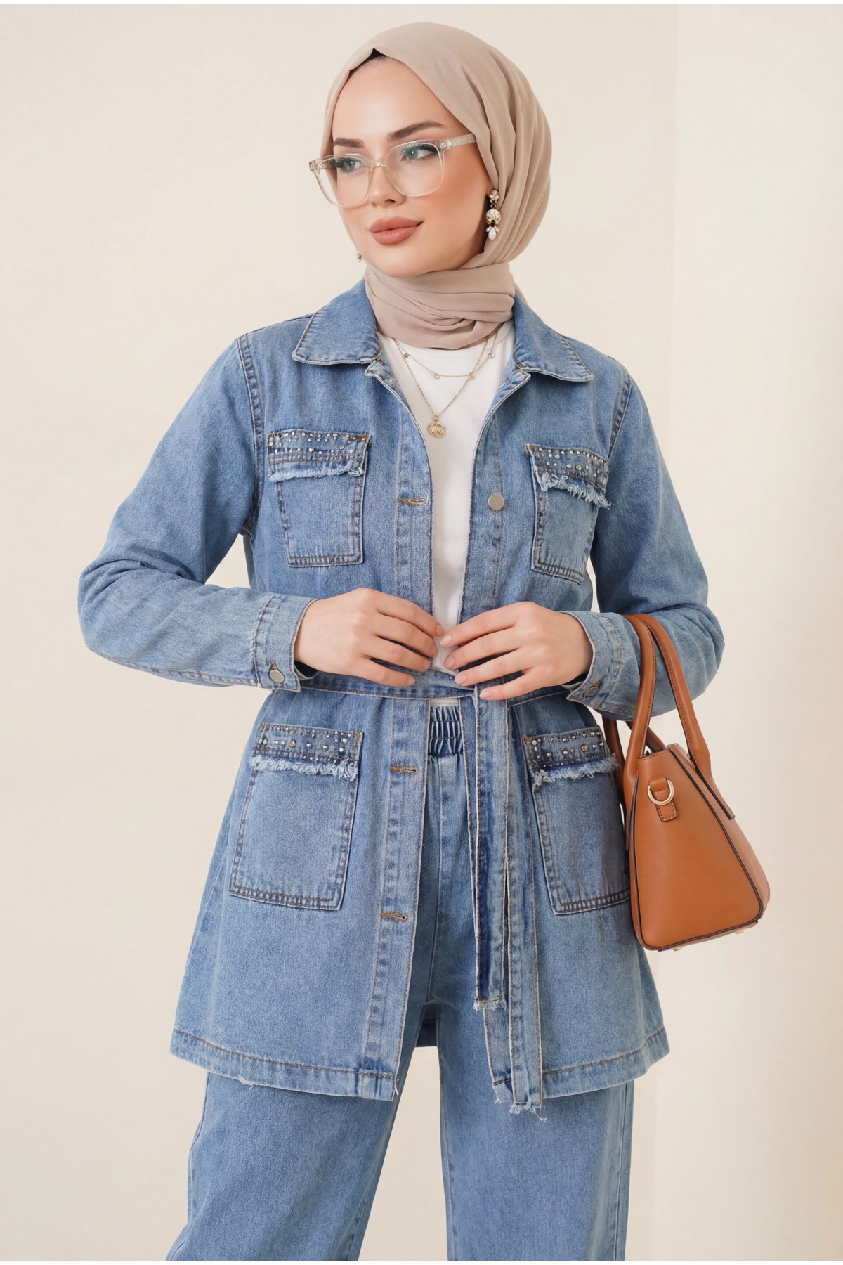 Stone Detailed Jacket Trousers Denim Set -Ice Blue