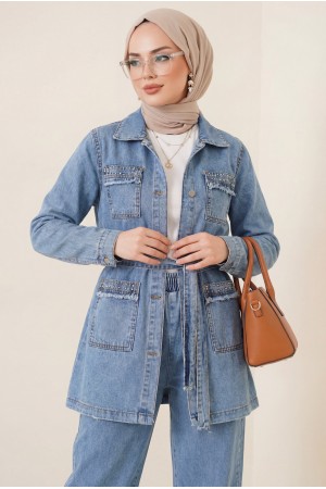 Taş Detaylı Ceket Pantolon Kot Takım -Buz Mavi