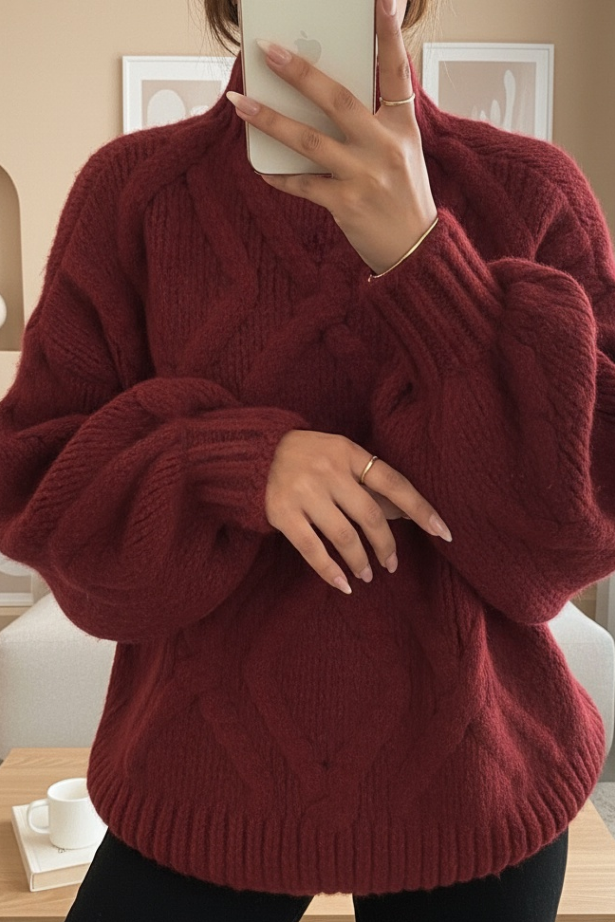 Half Neck Balloon Sleeve Winter Sweater   -Maroon