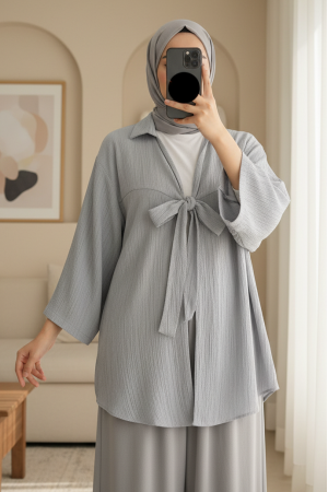 Front Tie Crinkle Kimono  -Grey