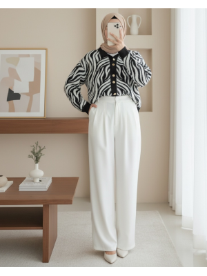 Düğmeli Zebra Desen Sakallı Triko Hırka -Siyah