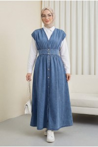 Boydan Düğmeli V Yaka Sıfır Kol Kot Jile -Buz Mavi