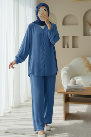 V Yaka Düğmeli Pantolonlu Ayrobin Takım -İndigo