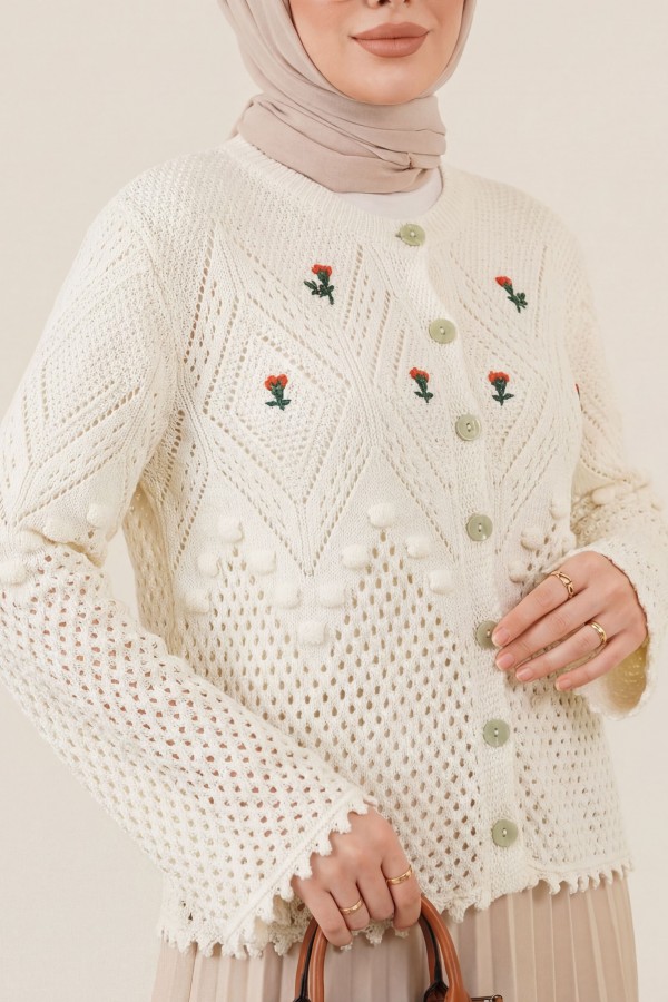 Buttoned Knit Cardigan with Pom-Pom Embroidered Flowers on Front and Sleeves -Ecru