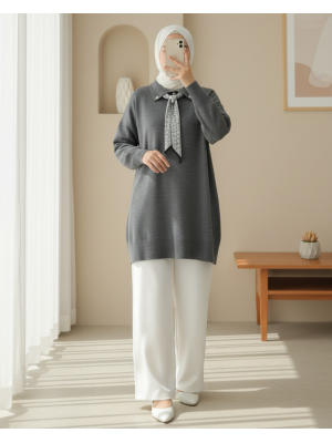 Polo Yaka Fularlı Yırtmaçlı Salaş Triko Tunik  -Füme