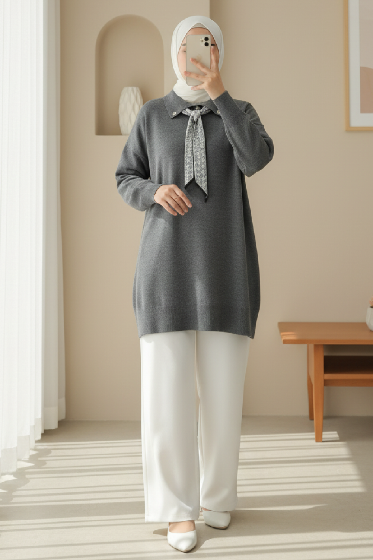 Polo Neck Scarf and Slit Loose Knit Tunic -Smoked 