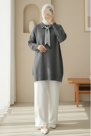 Polo Yaka Fularlı Yırtmaçlı Salaş Triko Tunik  -Füme