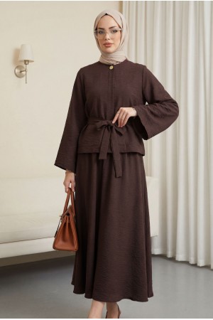 Tek Düğmeli Kemerli Etekli Cupra Takım  -Kahve