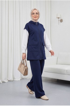 Yakası Lastik Detaylı Çift Cepli 2 İplik Penye Takım -Lacivert