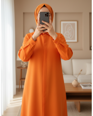 Oval Cut Long Shirt with Hidden Buttons -Orange