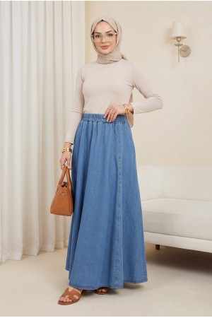 Yan Cepli Beli Lastikli Kot Etek -Açık Mavi