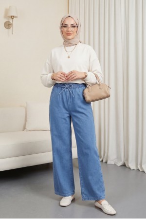 Beli Lastikli Cepli Bol Paça Kot Pantolon -Mavi