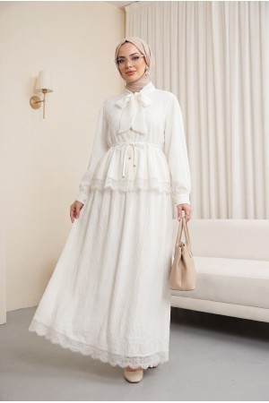 Crepe Set with Lace Trim and Pleated Skirt, Tie Neckline and Waist -Ecru