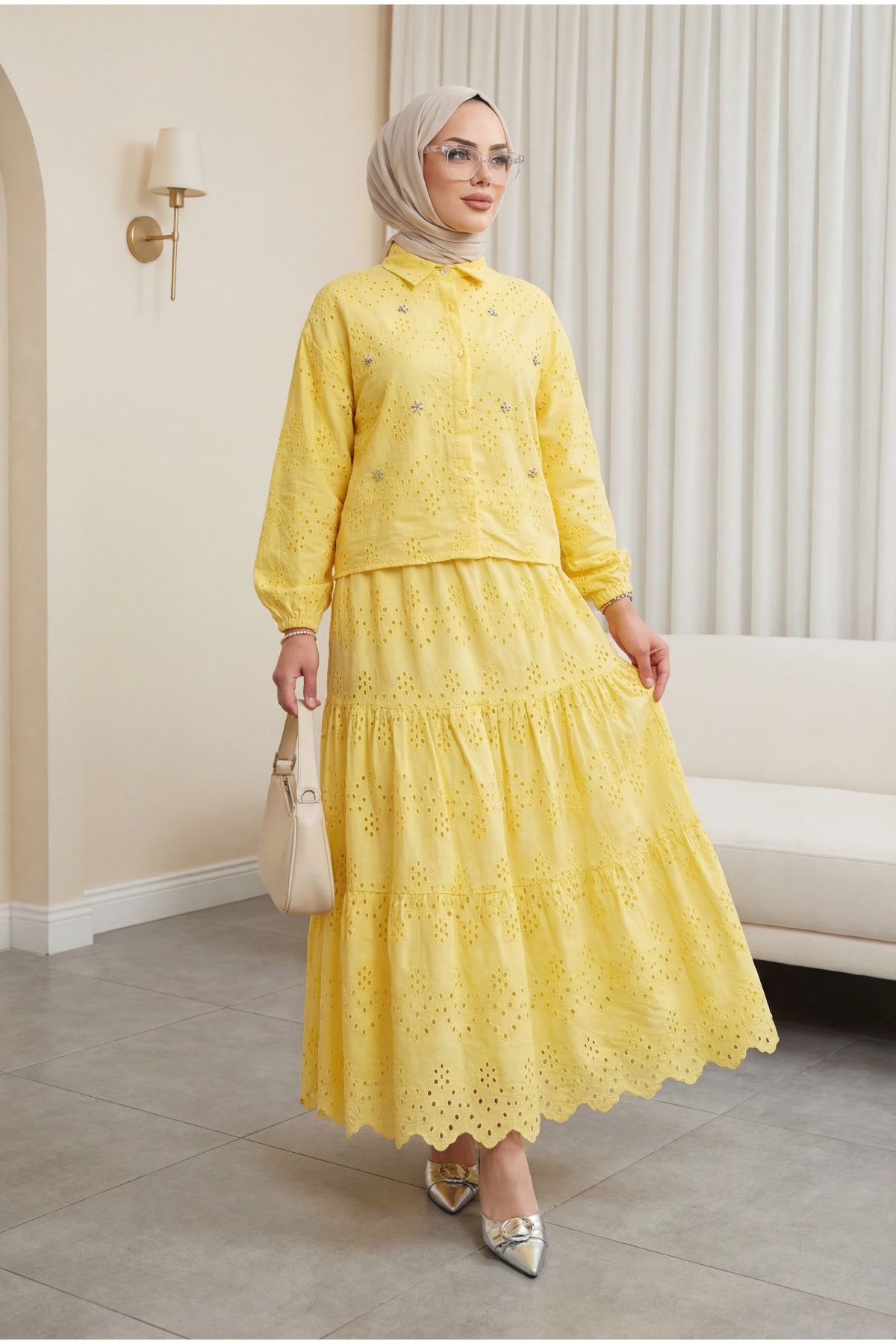 Skirted Suit with Scallop Detail -Yellow