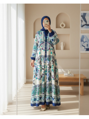 Kadın Lacivert Yeşil Viskon Tesettür Elbise 2423